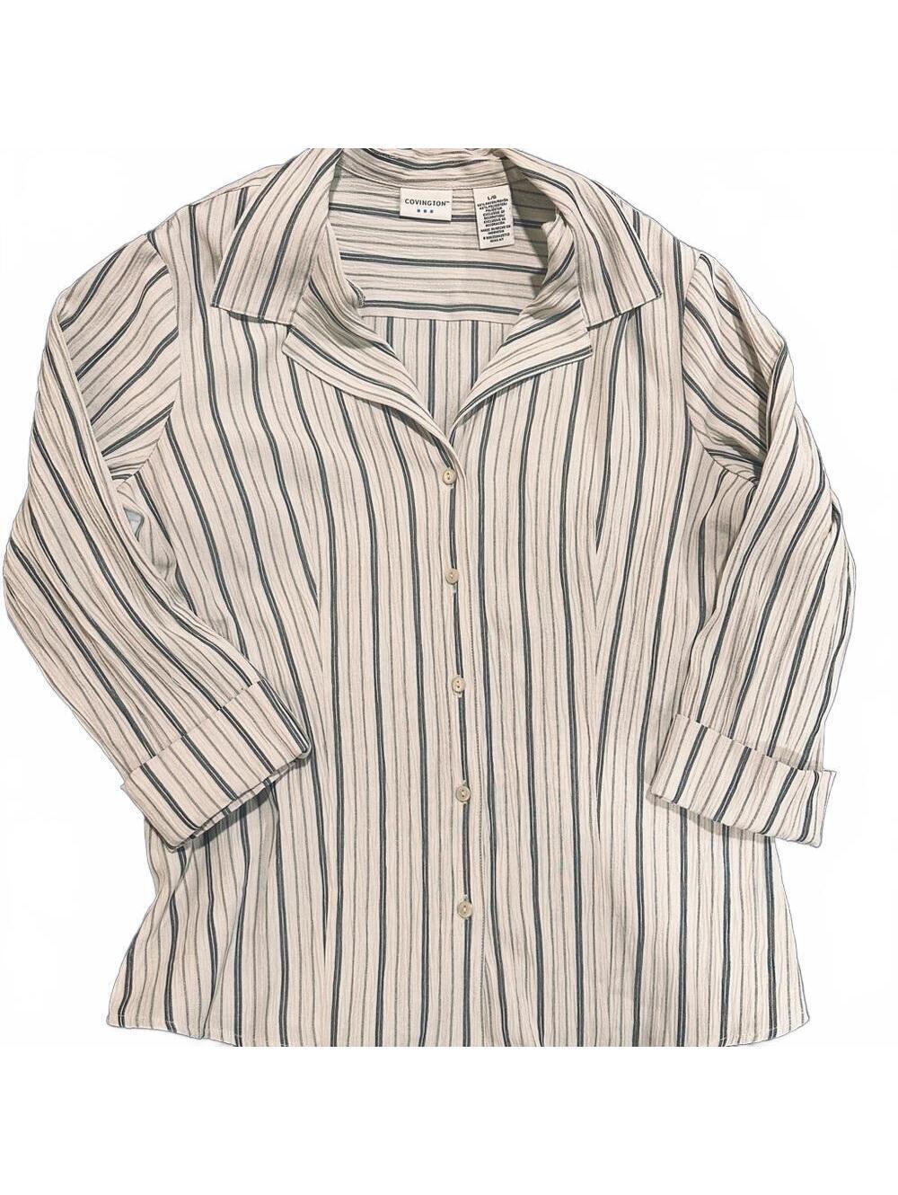 Covington Women's Button Down Shirt - Cream and Black Stripes